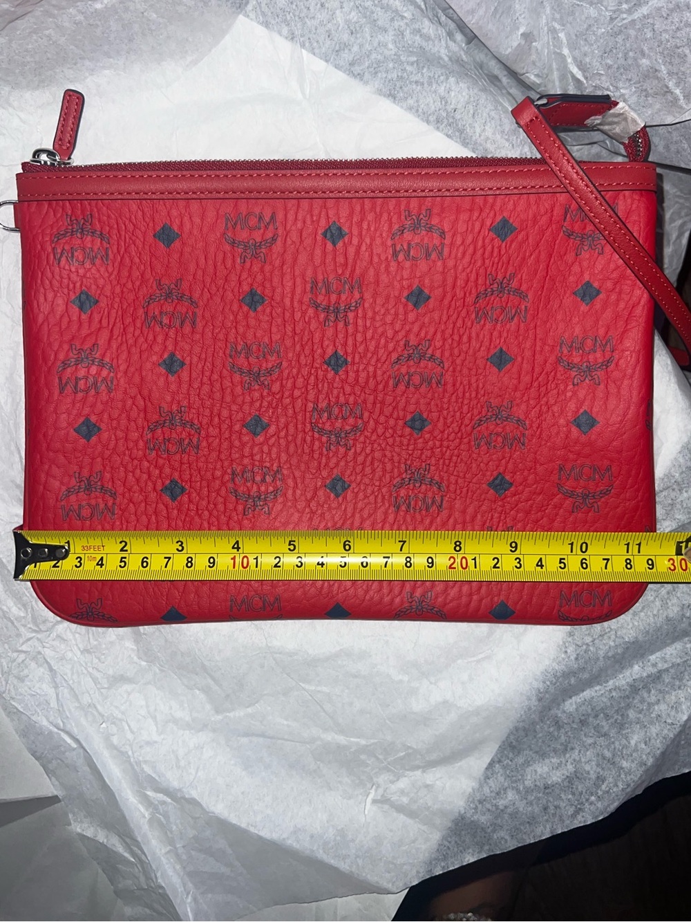 MCM Red Logo Print Leather Wristlet with Navy Accents - Picture 6 of 7